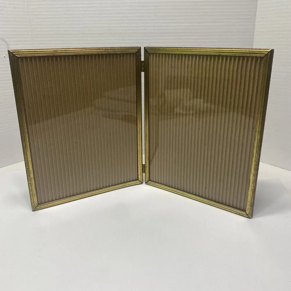 Vintage 8x10 Photo Picture Frame Bi-fold Gold Tone Brass Metal Double Hinge